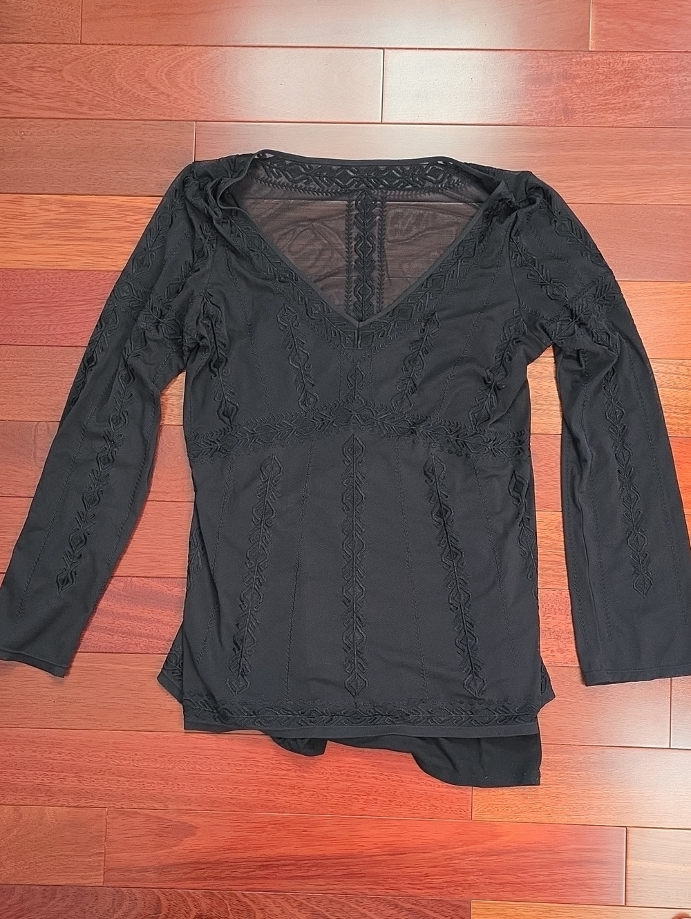 White House Black Market Black V-Neck Lace-Detail Long Sleeve Top